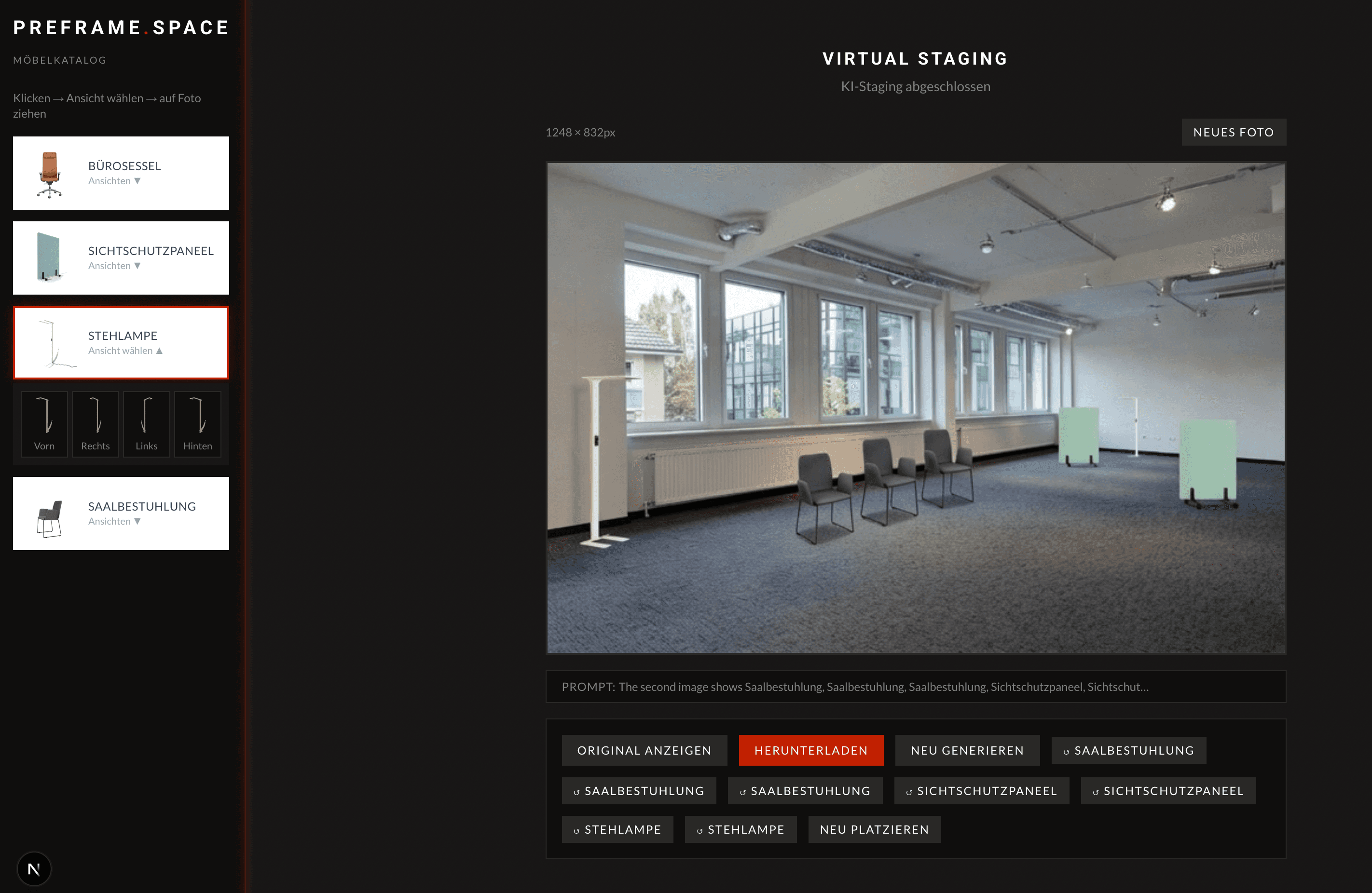 Preframe.space App — Virtual Staging Ergebnis